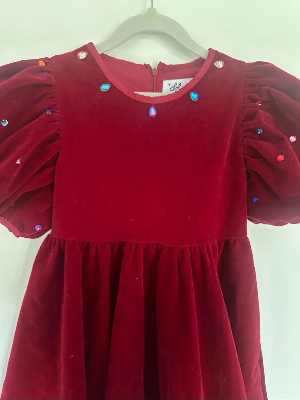 Lola & The Boys velvet rainbow gem burgundy puff sleeve Christmas dress 8